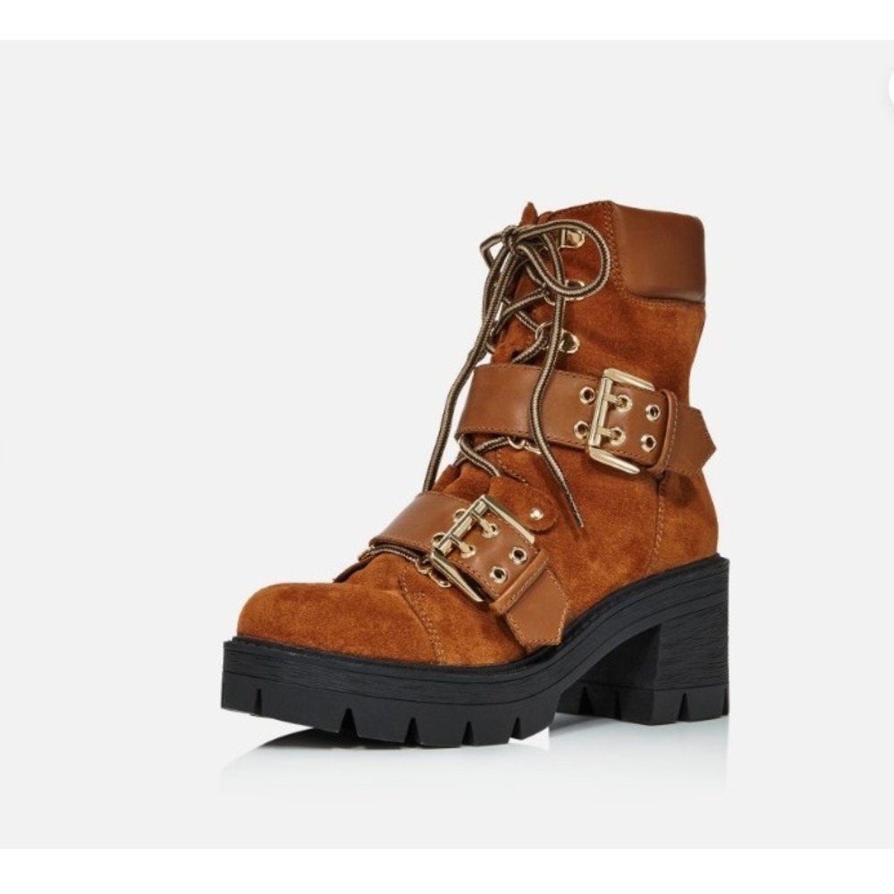 AQUA Womens Cognac Brown Dual Straps Genie Block Heel Leather Hiking Boots 6.5